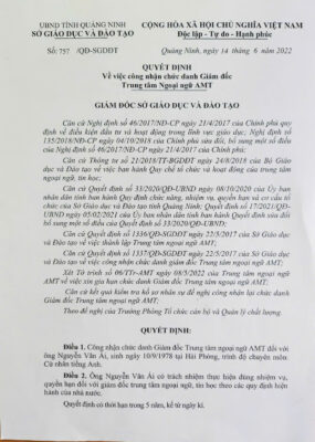 AMT: Quyết định công nhận chức danh Giám đốc Trung tâm Ngoại ngữ AMT 1 14622 757QD1 SGDDT1